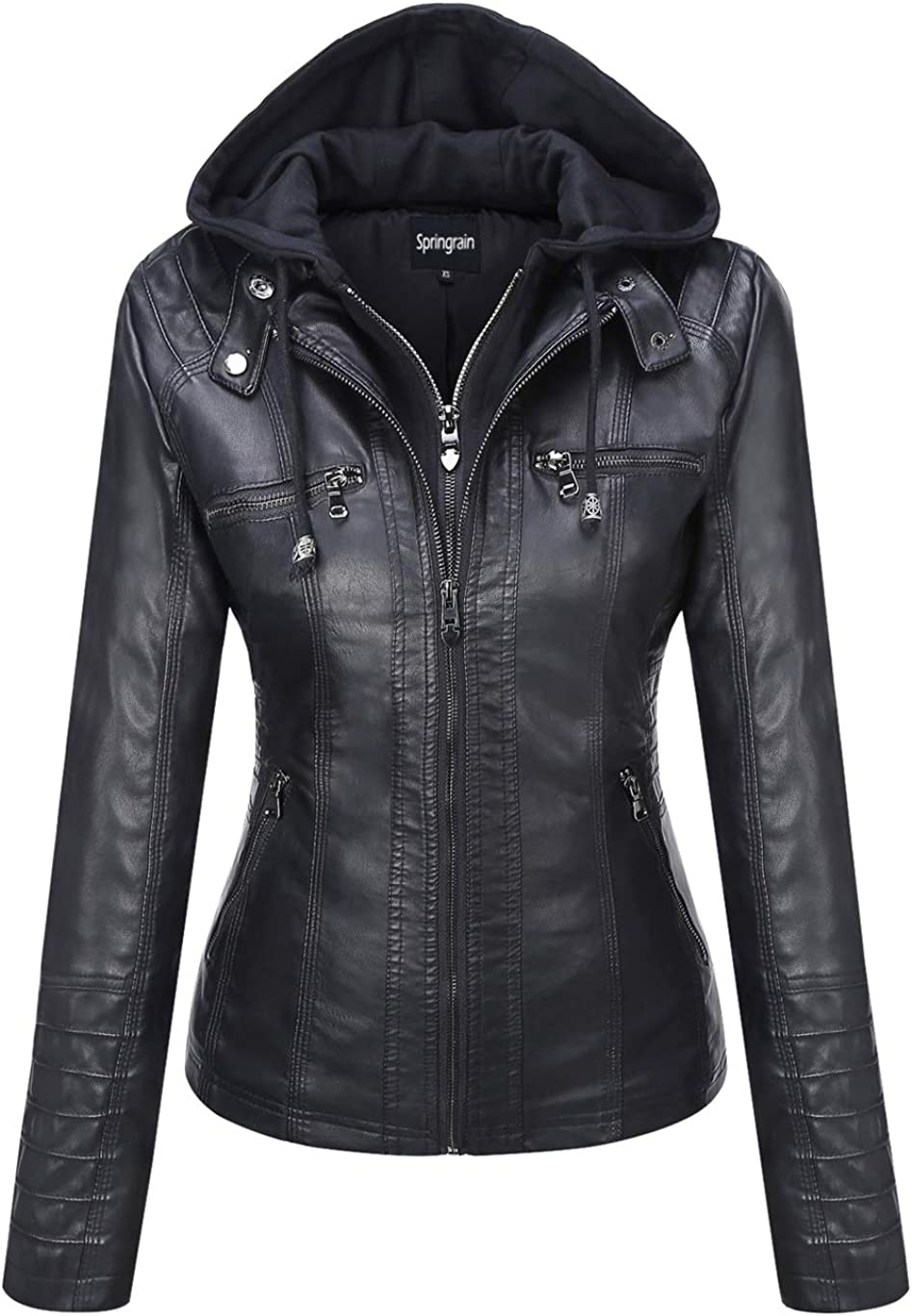 Springrain Women's Casual Stand Collar Detachable Hood PU Leather Jacket