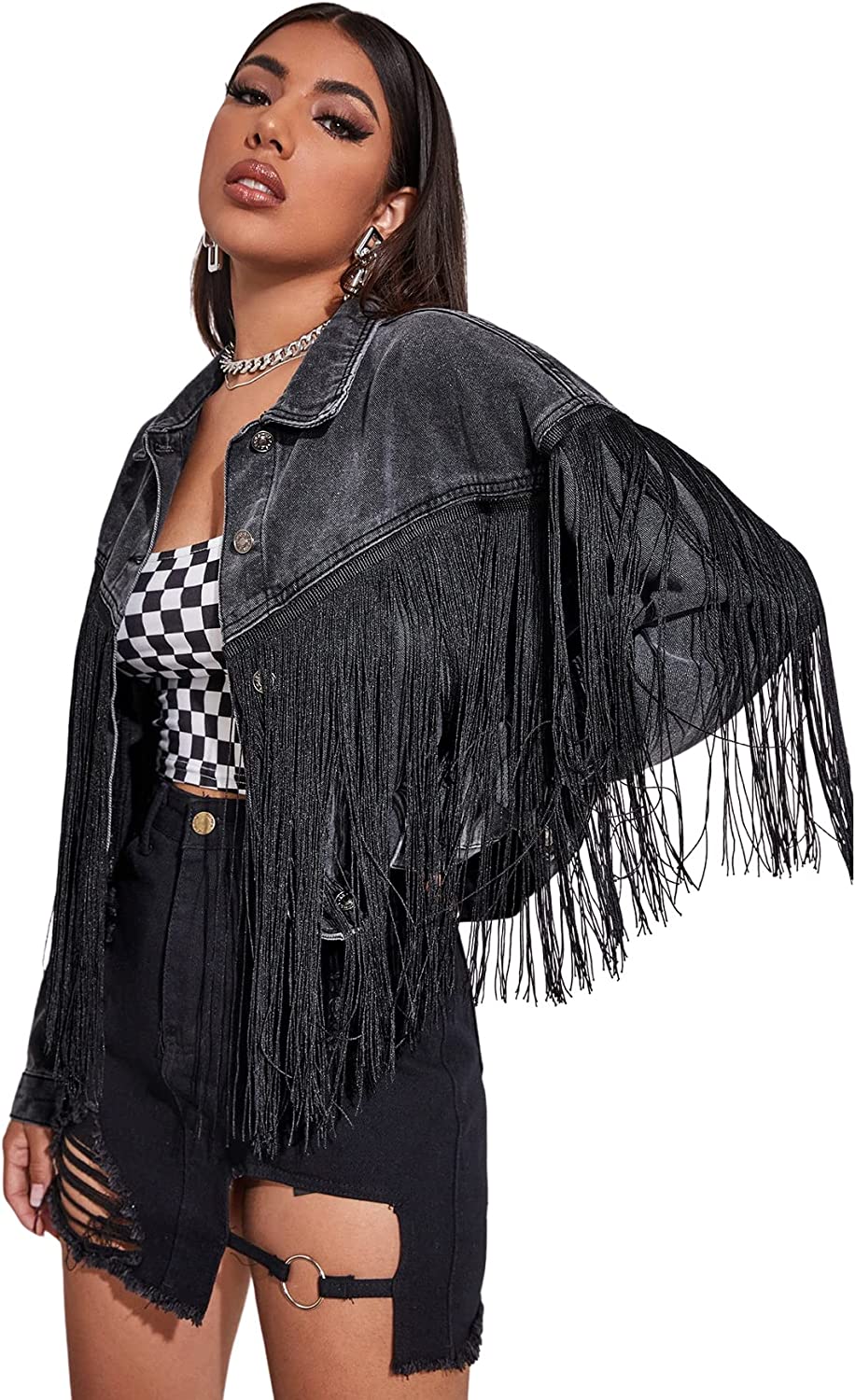 Verdusa Women's Button Front Fringe Trim Long Sleeve Drop Shoulder Denim Jacket