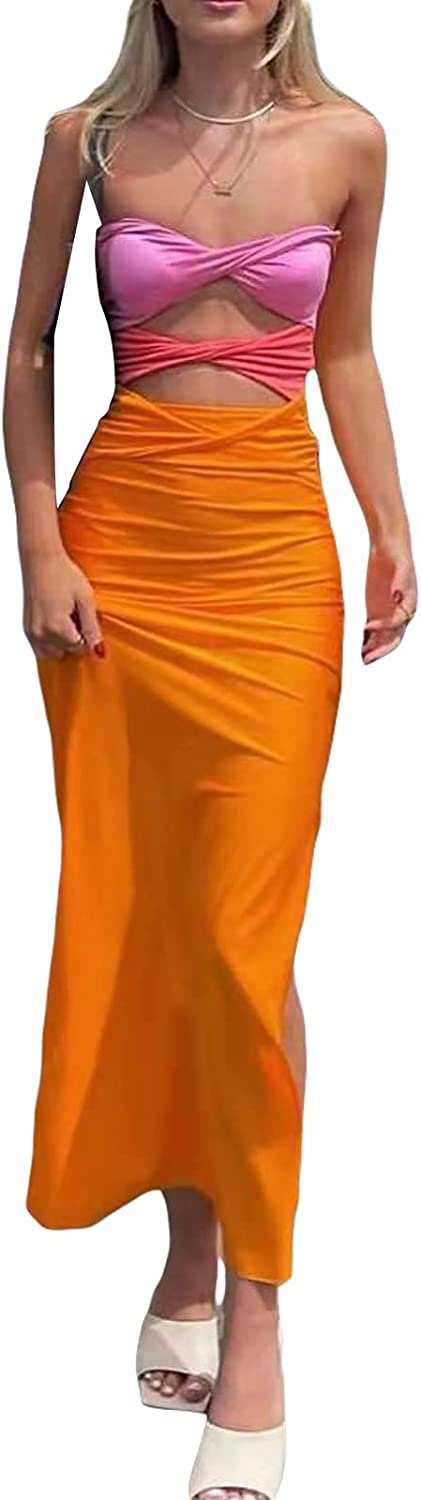 Sexy Strapless Maxi Dress for Women Sleeveless Backless Low Cut Cutout Casual Long Midi Tube Dress for Party Clubwear