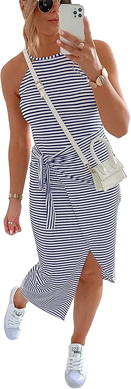 Women Casual Sleeveless Striped Tank Midi Dresses Halter Neck Ruched Bodycon Dresses Tie Waist T Shirt Summer Dress