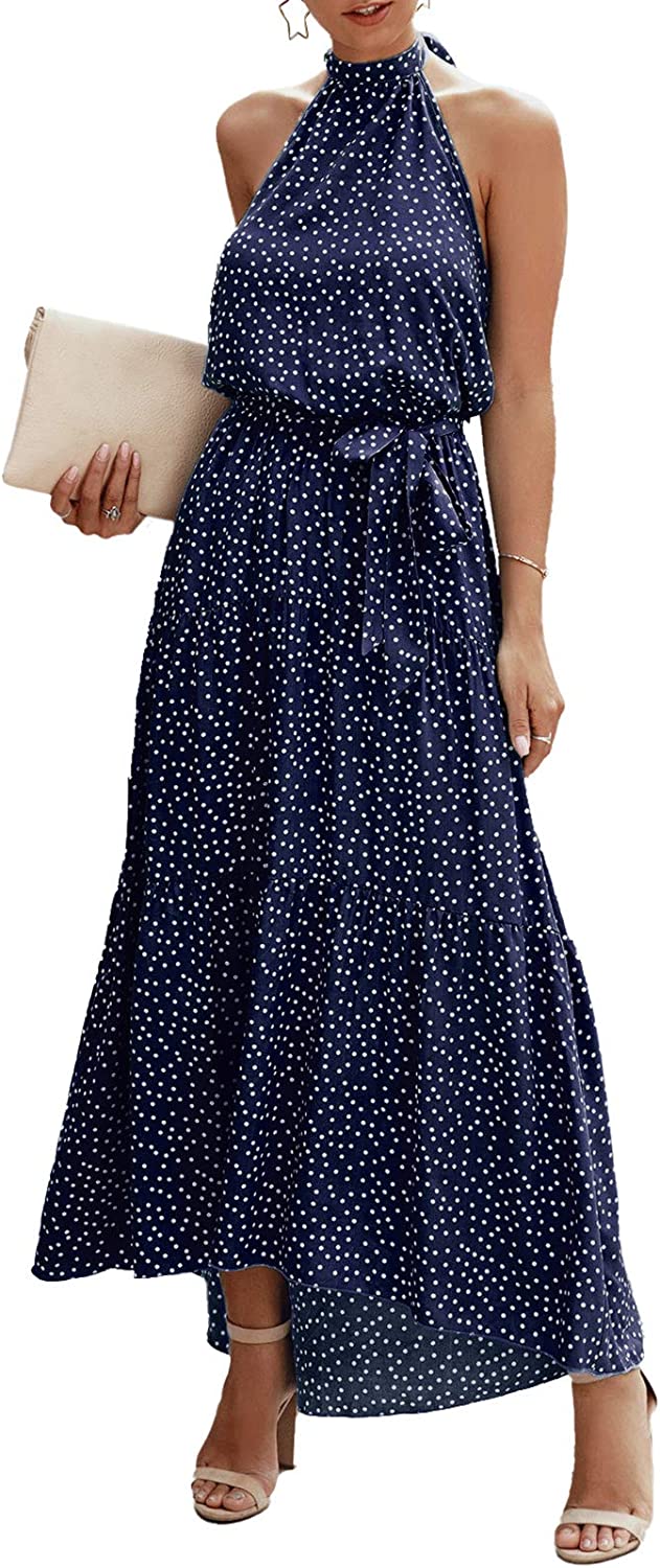Women's Casual Halter Neck Sleeveless Floral Long Maxi Dress Backless Loose Ruffle Sundress with Belt