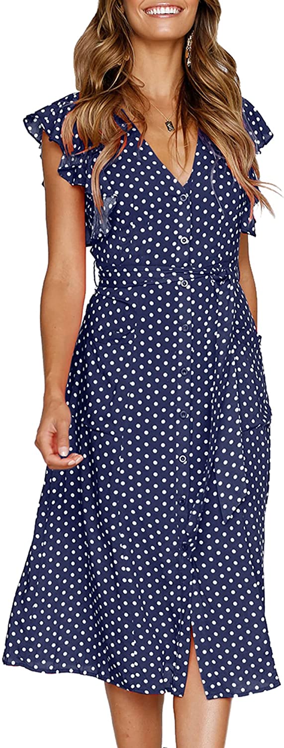 Women's Summer Boho Polka Dot Sleeveless V Neck Swing Midi Dress with Pockets