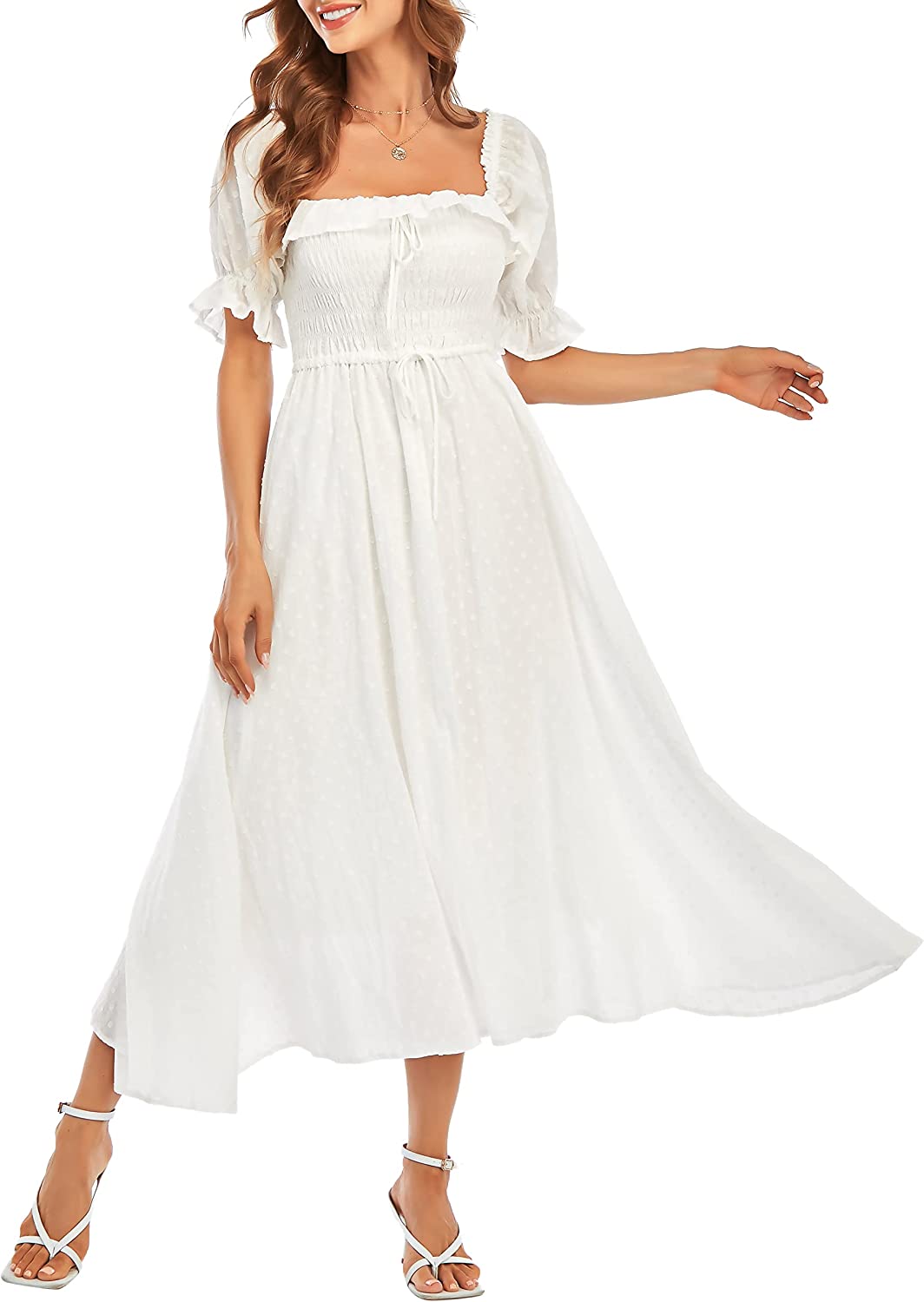 Women Vintage Elastic Square Neck Ruffled Half Sleeve Summer Backless Beach Flowy Maxi Dresses