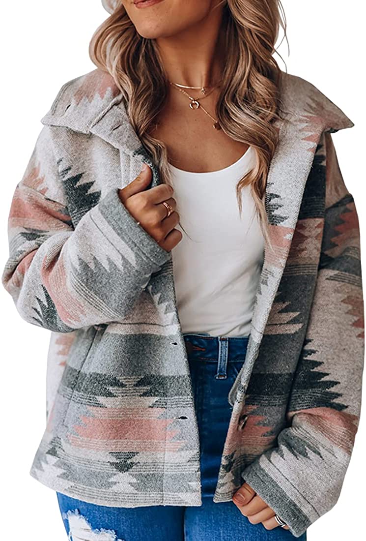 Heltapy Womens Aztec Shacket Jacket Loose Vintage Boho Wool Blend Coat Button Down Shirt Tops