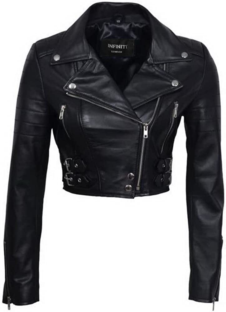 Women’s Chic Black Cropped Leather Biker Jacket