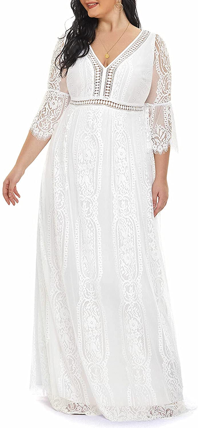 Women's Plus Size Boho Maxi Floral Lace Bohemian Wedding Dress V Neck Flowy Long Party Dresses