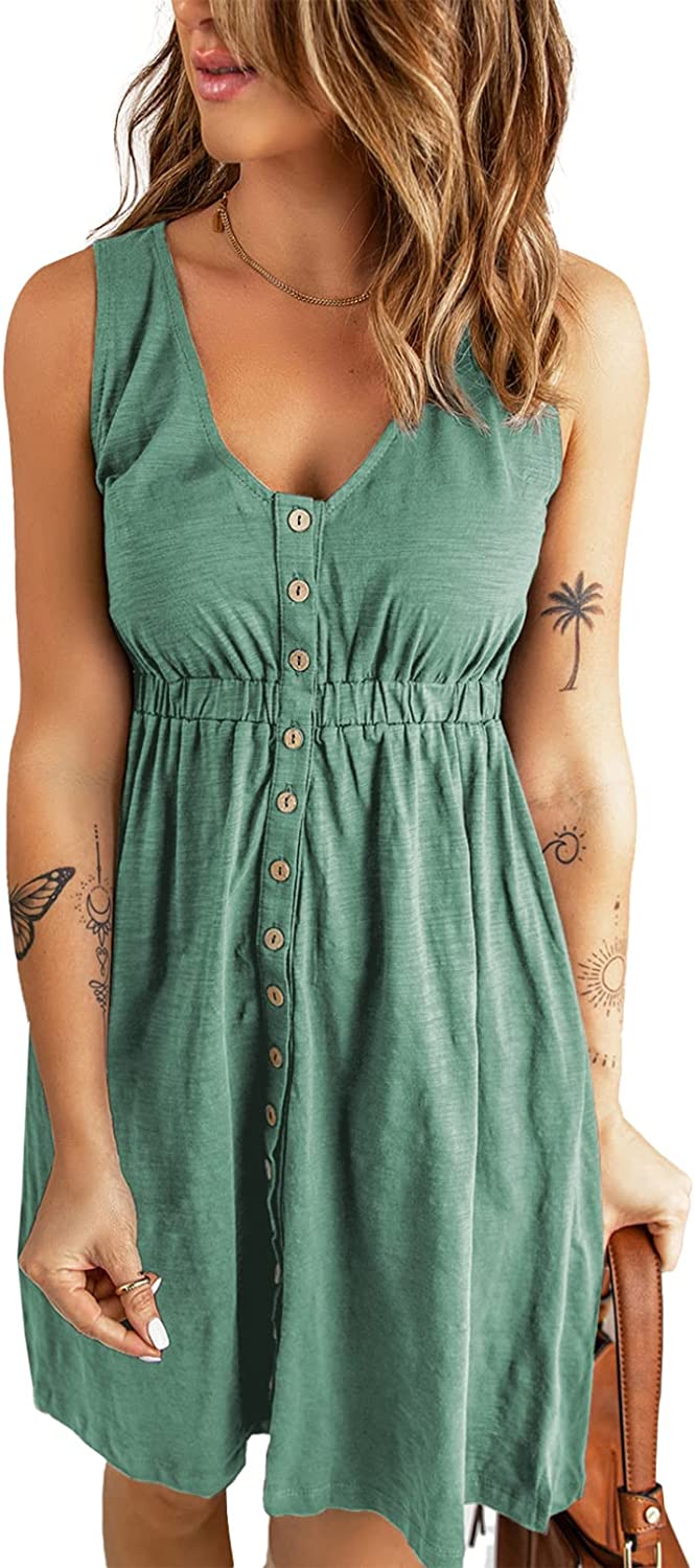 Women's Casual V Neck Sleeveless Button Down Dress Summer Elastic Waist A-Line Swing Tank Dresses