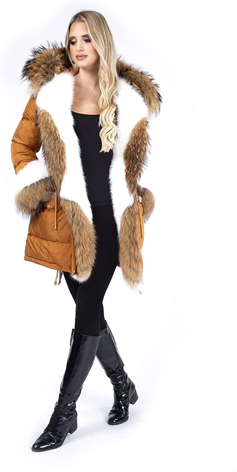 AtelierVert, Women's Inflatable Fox Raccoon Fur Detailed Parka, Women's Fox Fur Parka, Stylish and Luxury Design ATV-105