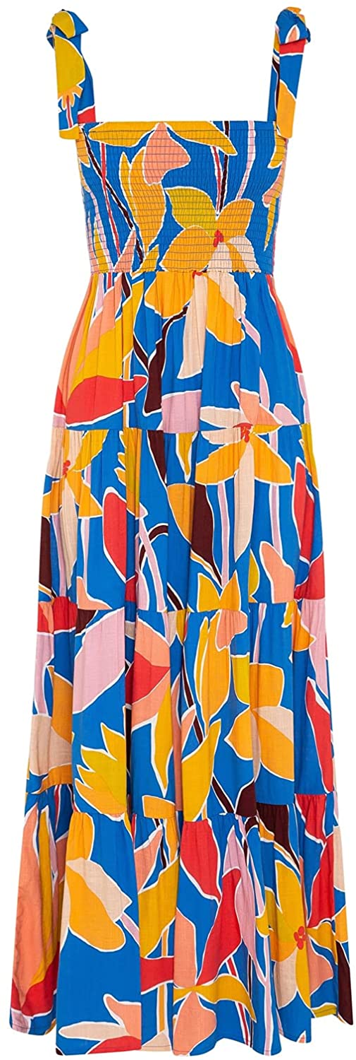 Women's Summer Boho Spaghetti Strap Square Neck Ruffle Casual Flowy Long Dress Beach Swing Party Maxi Dress