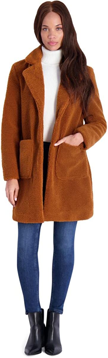 French Connection Teddy Faux Shearling Coat for Women-Open Front Lapel Midi Coat