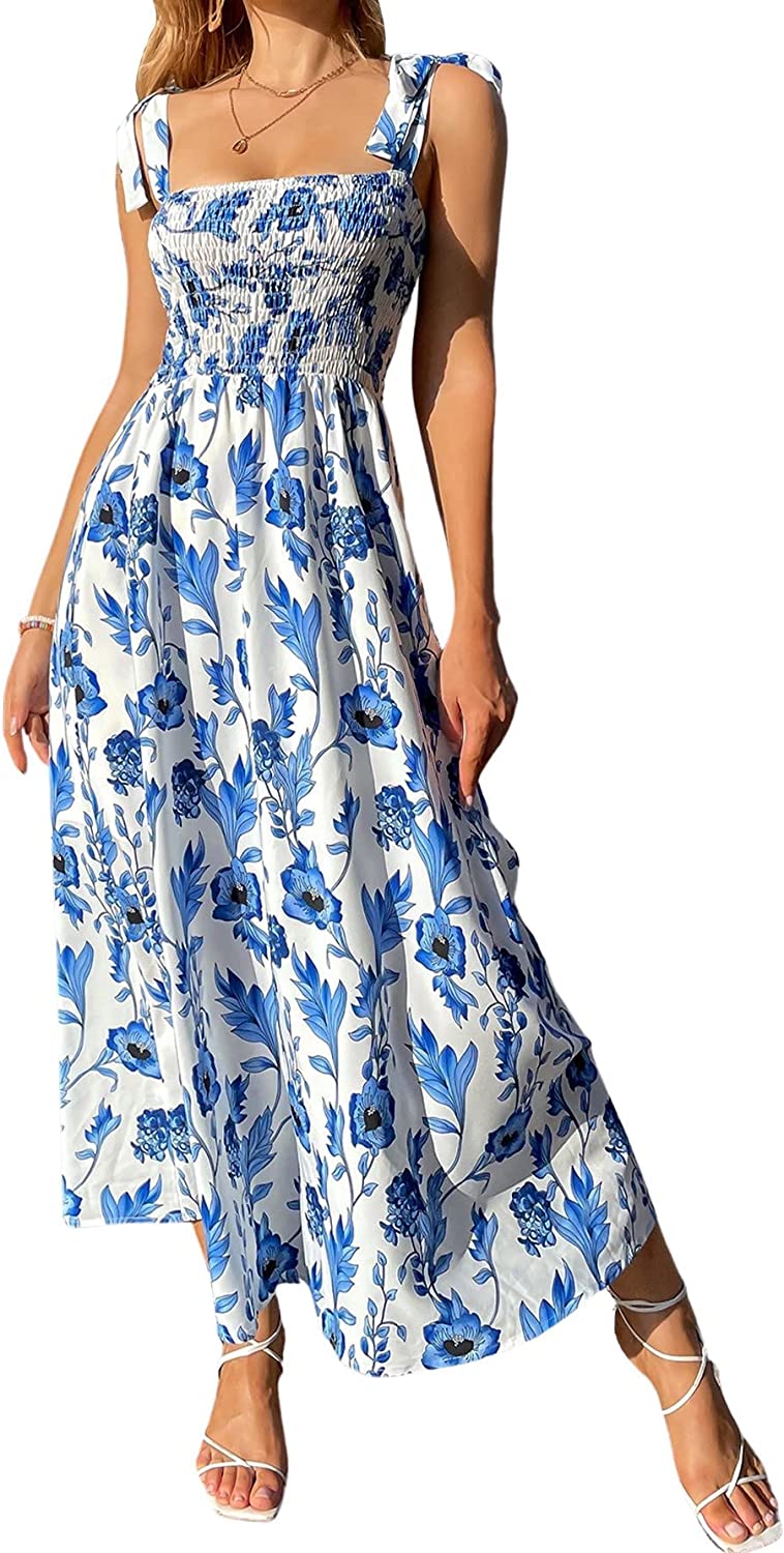 Women's Summer Floral Boho Sleeveless Spaghetti Strap Shirred Cami Long Maxi Dress