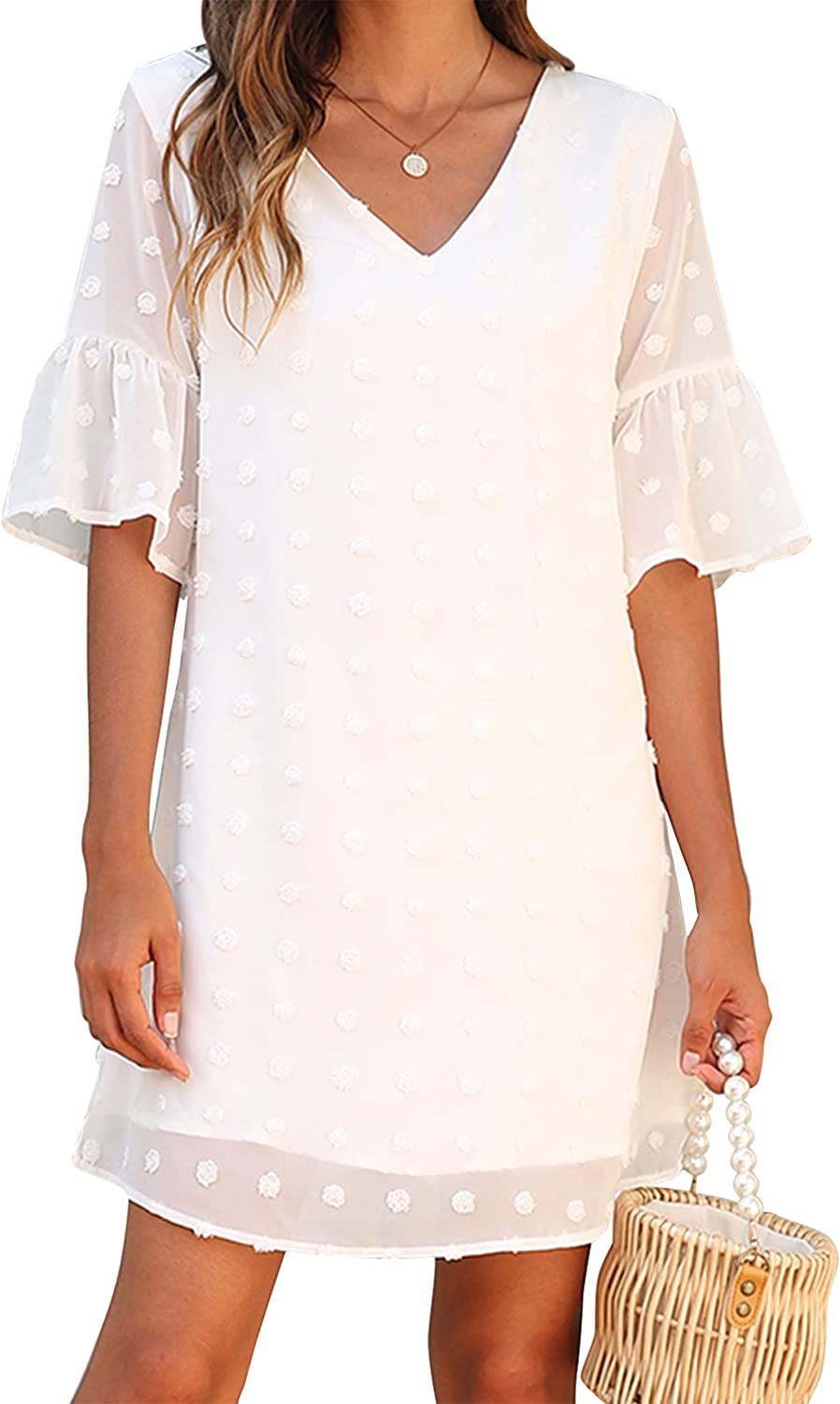 Womens White Dresses Short Sleeve V Neck Ruffle Cute Sun Dress Chiffon Flowy Shift Mini Dress