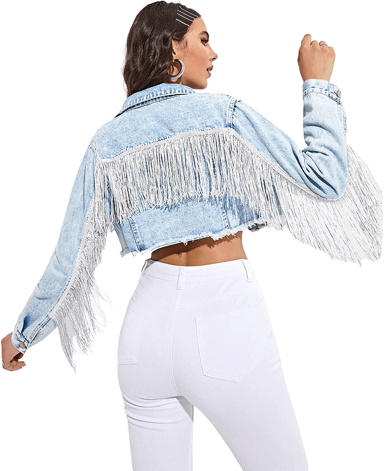 Verdusa Women's Raw Hem Ripped Fringe Long Sleeve Crop Denim Jacket