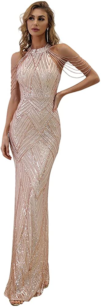 Women's Formal Halter Sequin Tassel Bodycon Maxi Prom Dress, Elegant Mermaid Evening Gown