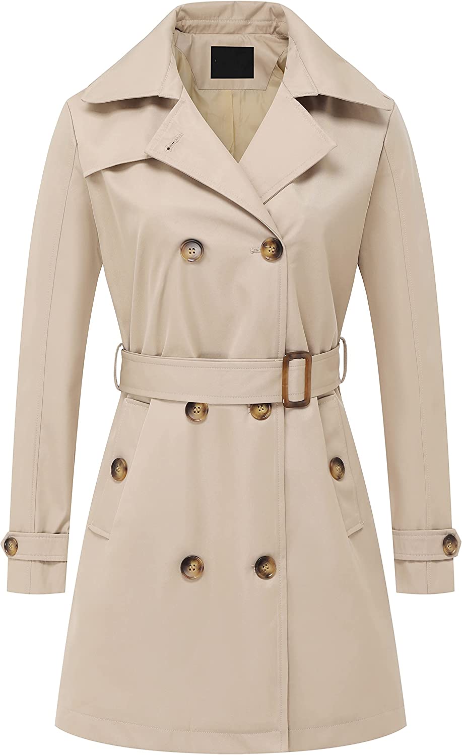 Women's Double Breasted Trench Coats Mid-Length Belted Overcoat Long Dress Jacket with Detachable Hood