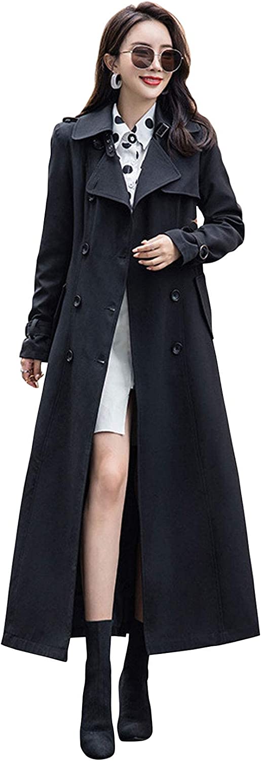 ebossy Women's Double Breasted Duster Trench Coat Slim Full Length Maxi Long Overcoat