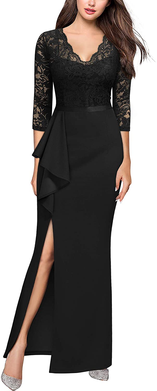 Women's Vintage Floral Lace Ruffle Half Sleeve Evening Party Formal Long Dress