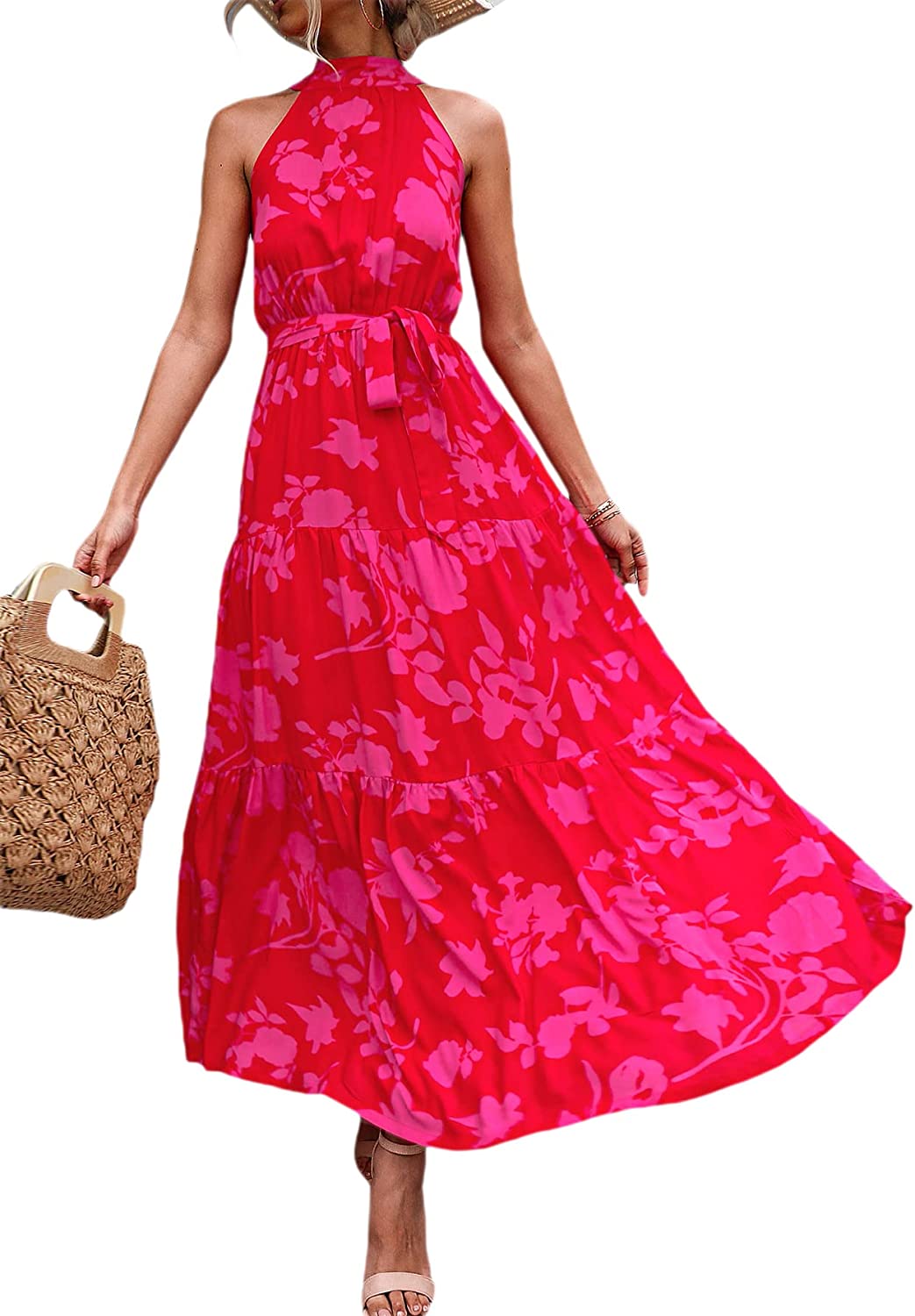 Women's Sleeveless Halter Neck Vintage Floral Print Maxi Dress