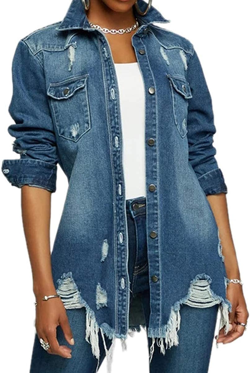 Distressed Jean Jacket for Women Ripped Long Sleeve Oversized Denim Trucker Jackets