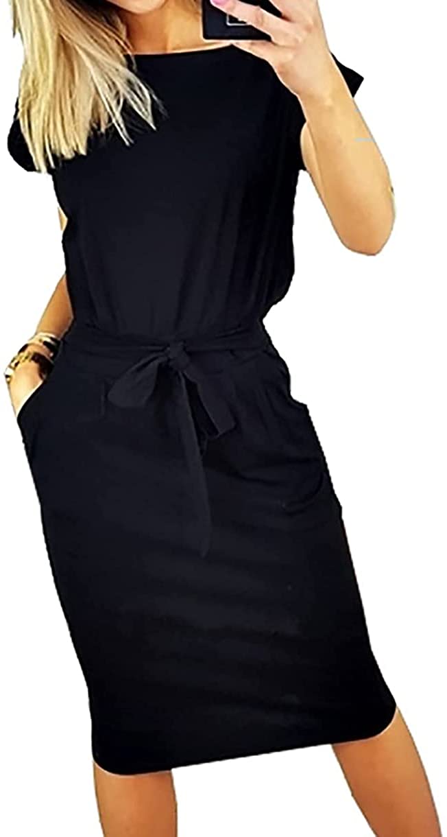 Women's Summer Short Sleeve Crewneck Striped Dress Basic Solid Tie Waist Office T Shirt Dresses Pockets