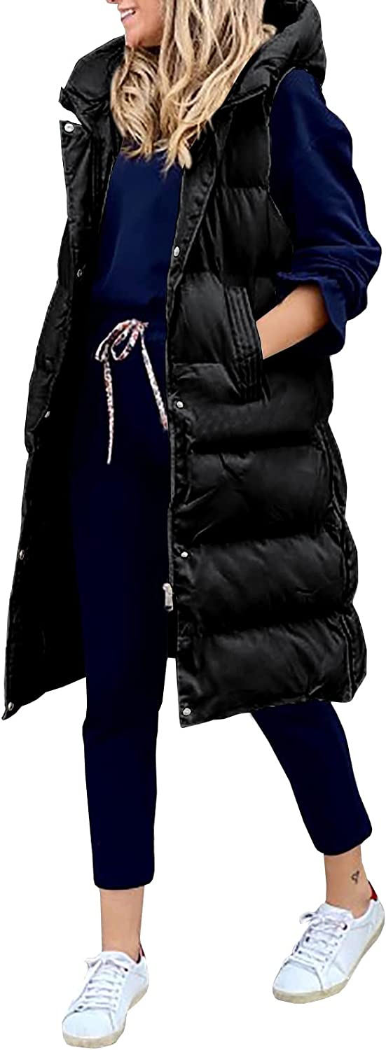 Avilego Women's Hooded Long Down Vest Full-Zip Sleeveless Puffer Vest Fashionable Coats Jacket