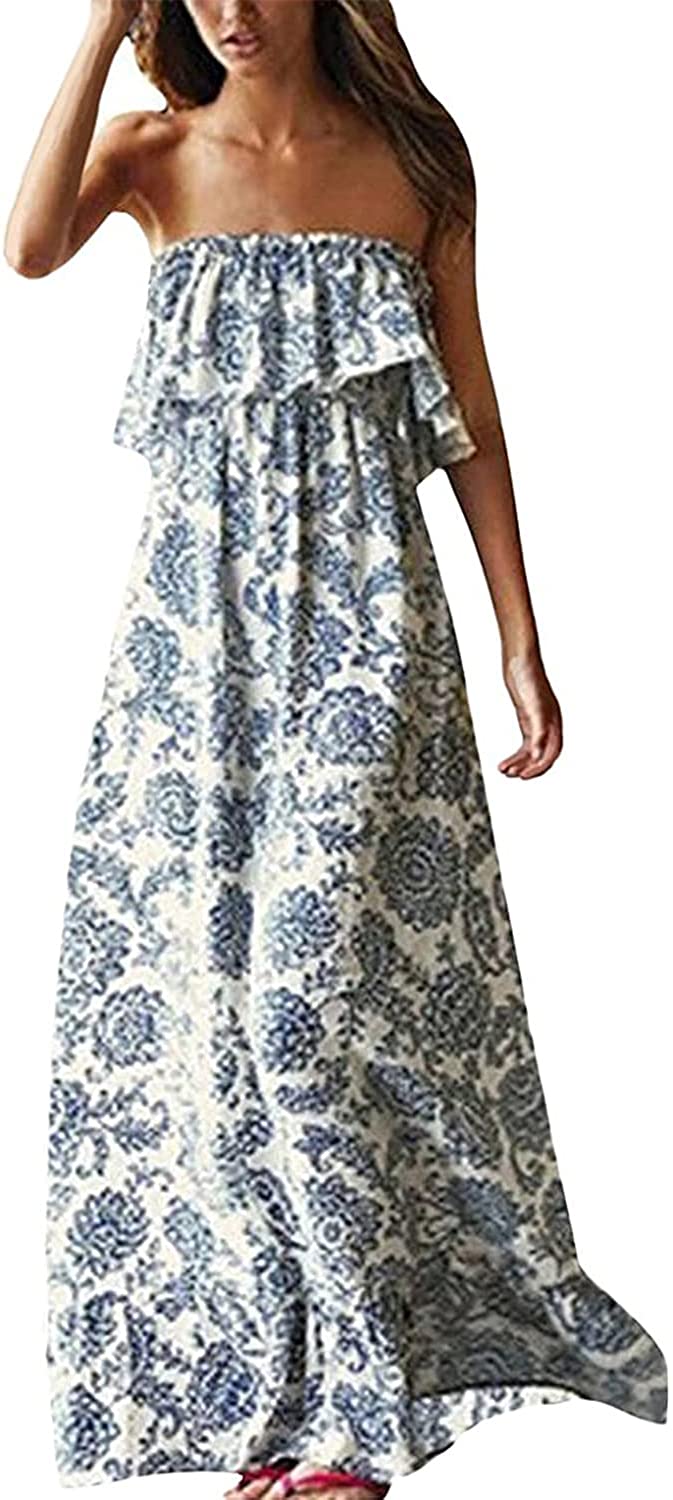 Women's Summer Off The Shoulder Maxi Dress Ruffle Strapless Blue White Porcelain Boho Casual Loose Long Dress