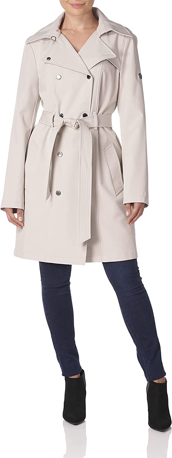 Calvin Klein Women's Double Breasted Belted Rain Jacket with Removable Hood