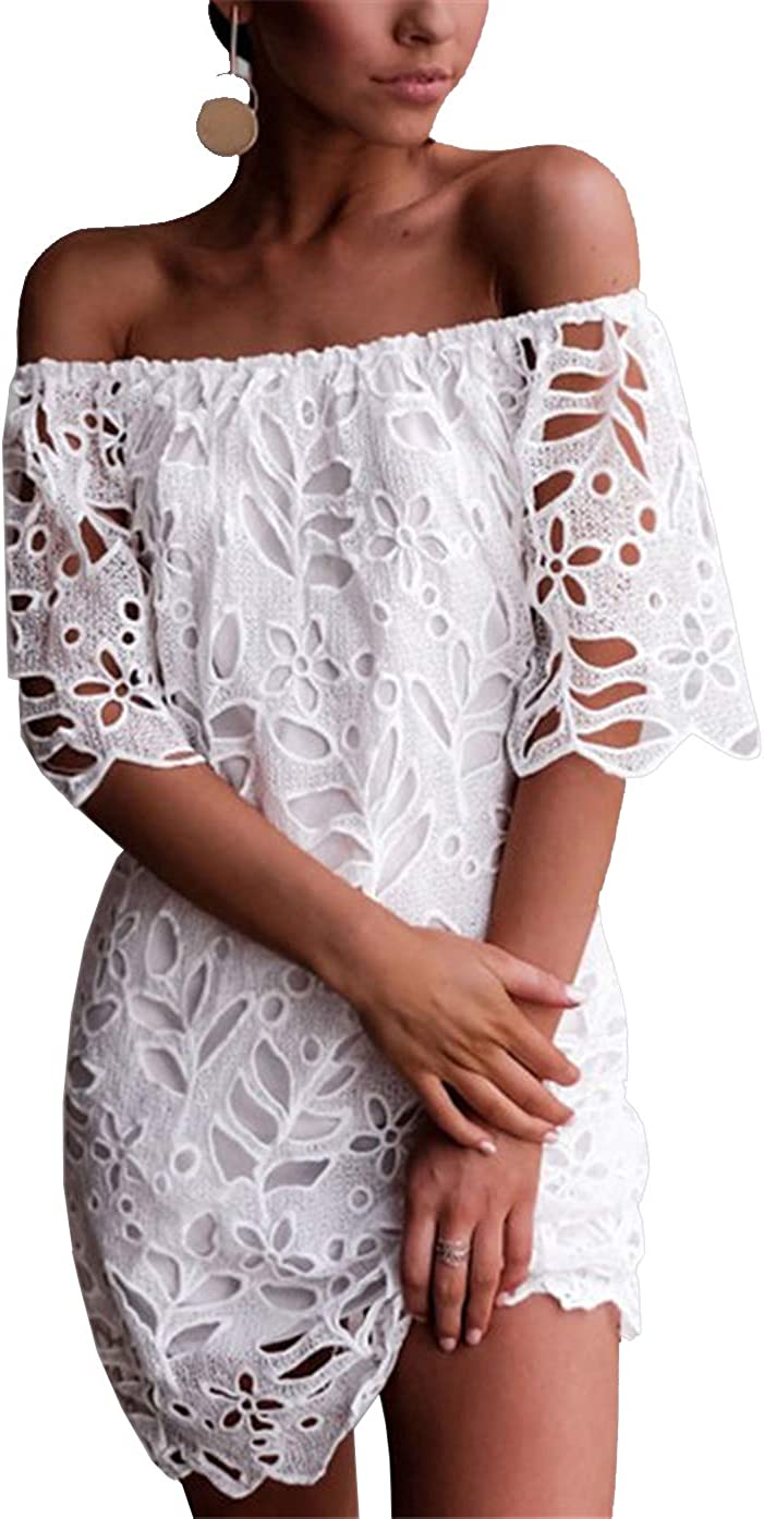Women's Summer Off Shoulder Vintage Floral Lace Flare Short Sleeve Loose Elegant Mini Dress