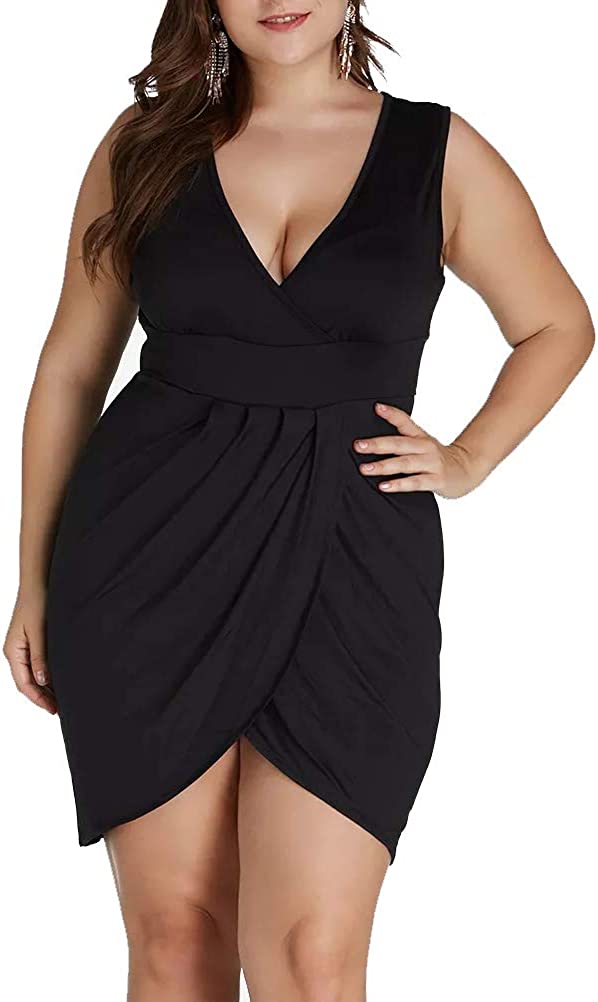 Womens Plus Size Sleeveless Deep V Neck Bodycon Wrap Dress with Front Slit