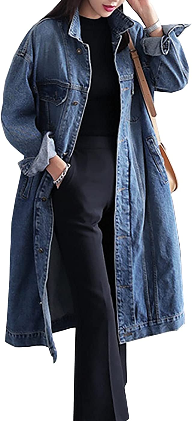 Jofemuho Womens Classic Long Jean Jacket Plus Size Loose Long Sleeve Button Down Denim Jacket Trench Coat
