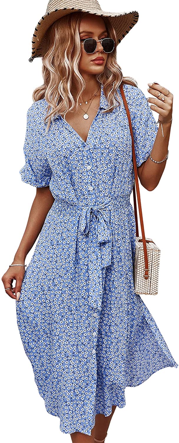 Womens Summer Dress Casual Ditsy Floral Tie Front Button Up Boho Midi Tshirt Dresses