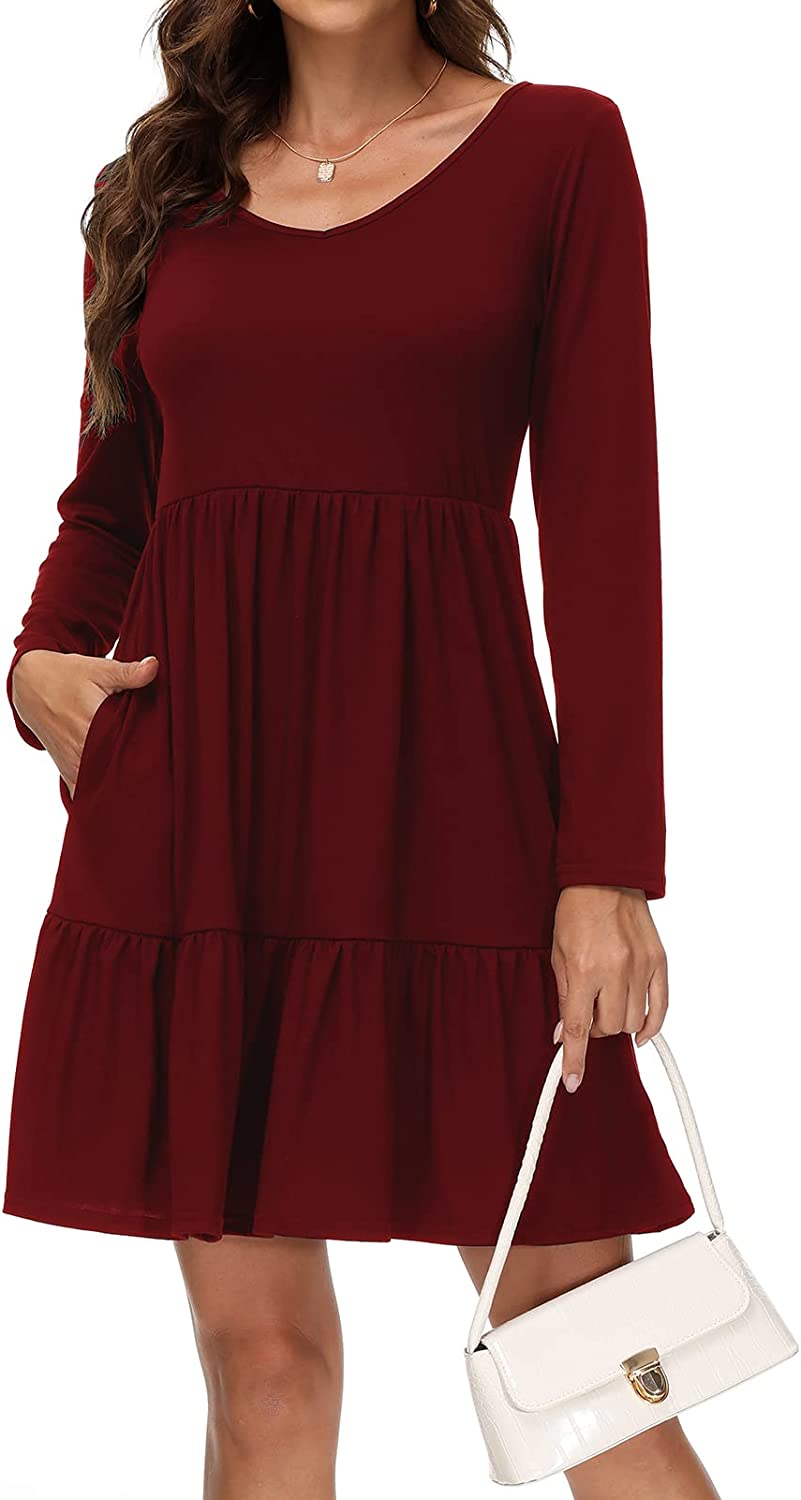Women's Casual Black Long Sleeve Fall Dresses V Neck Spring Ruffles Ruched Dress with Pockets