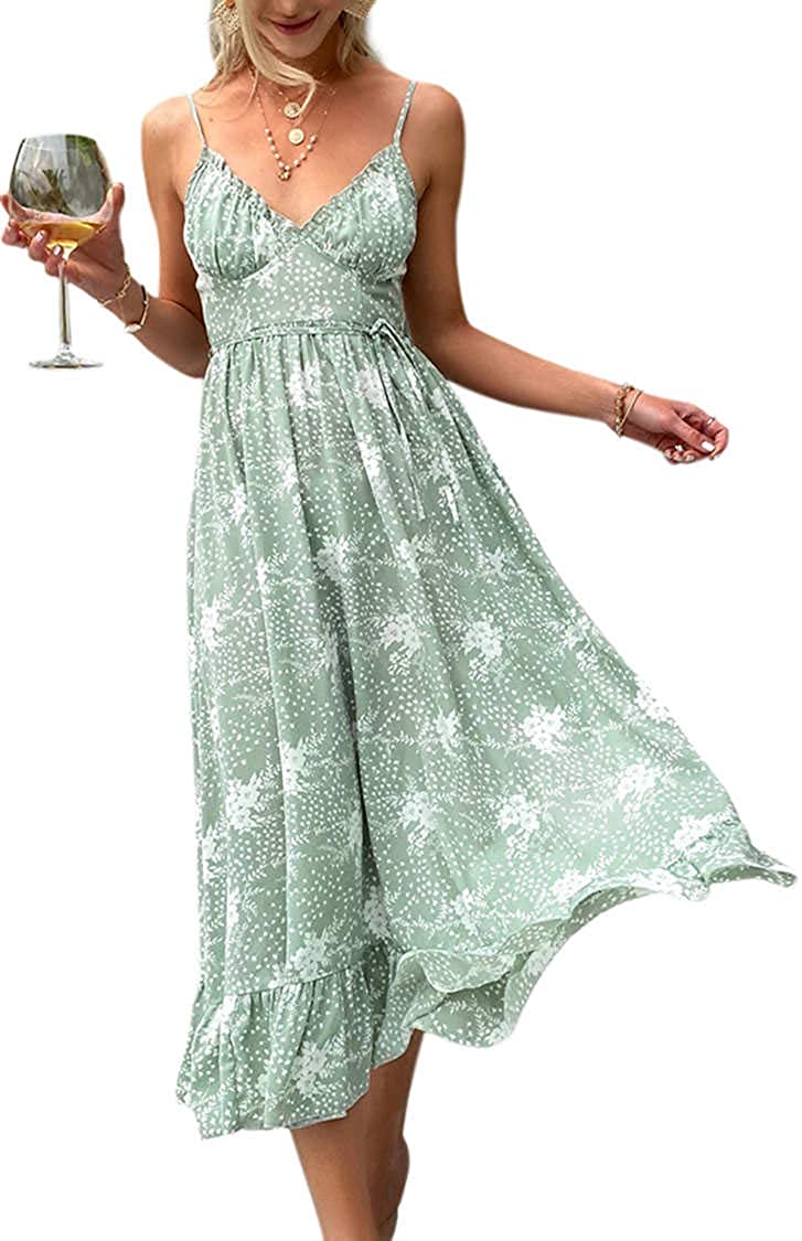 Women’s Summer Spaghetti Strap V Neck Floral Smocked a Line Swing Midi Dress Sundress
