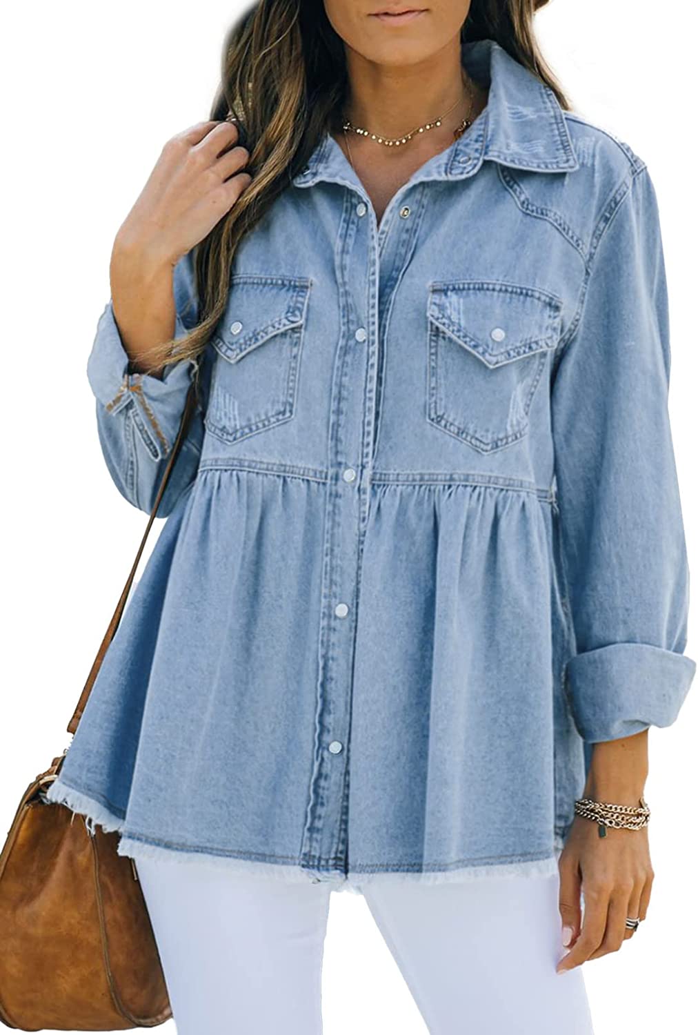 Sidefeel Womens Pleated Buttoned Frayed Pocket Raw Hem Long Sleeve Distressed Denim Jean Jackets