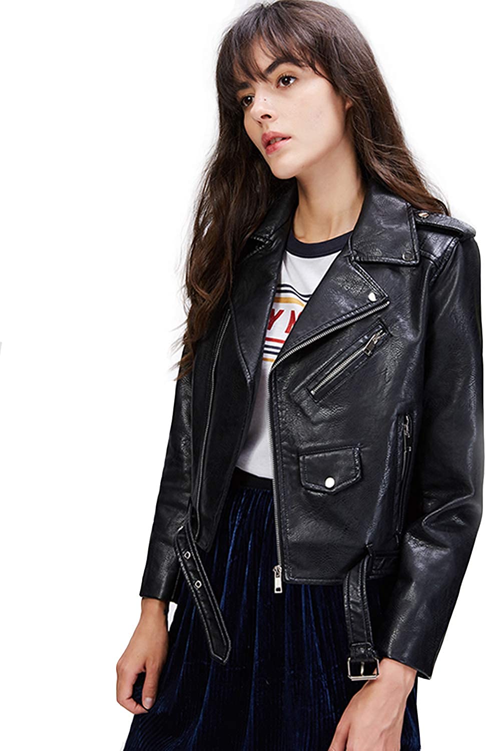 LY VAREY LIN Women's Faux Leather Motorcycle Jacket PU Slim Short Biker Coat