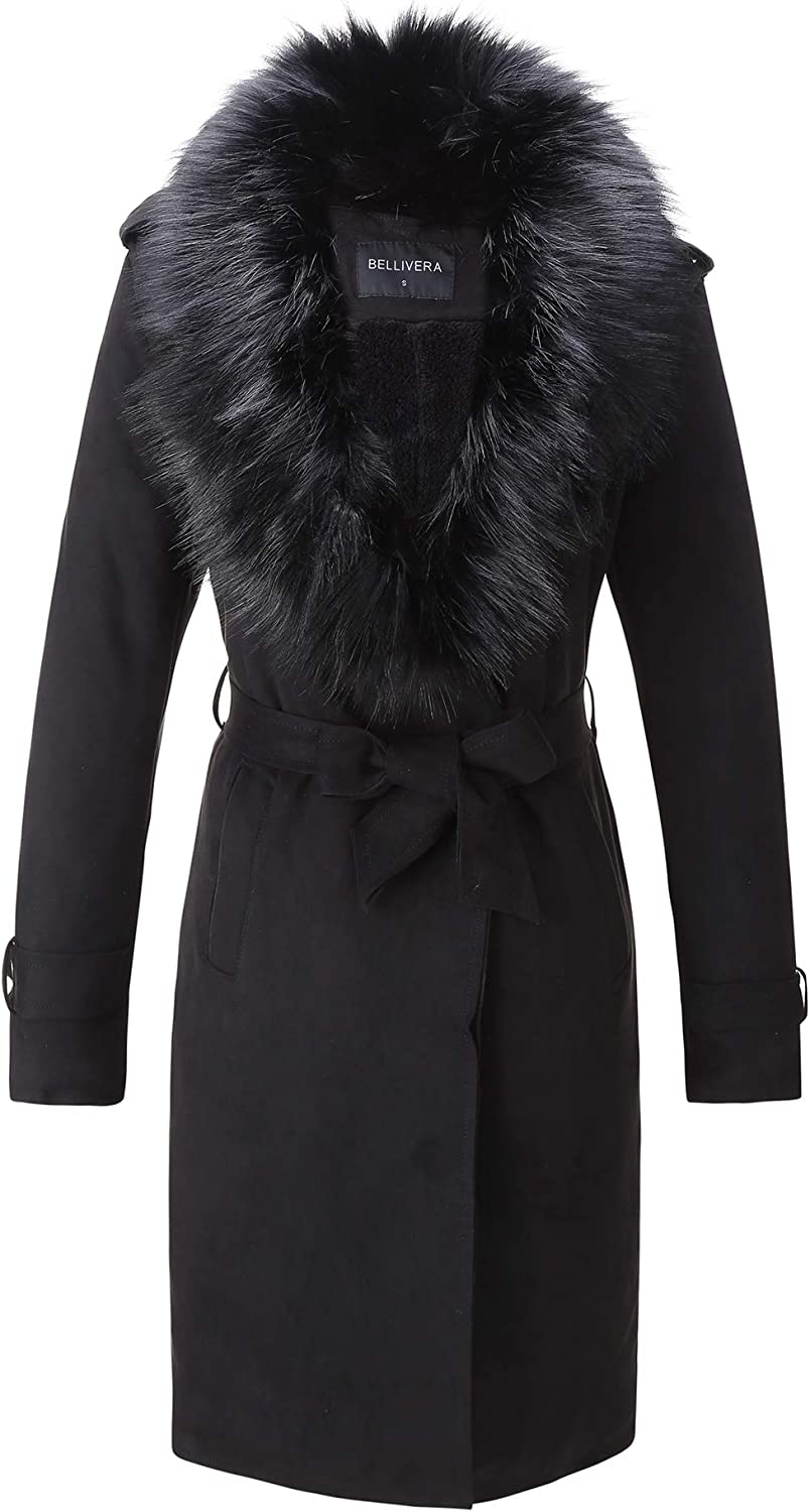Bellivera Womens Faux Suede Leather Long Jacket, Fall and Winter Fashion Trench Coat Cardigan with Detachable Fur Collar