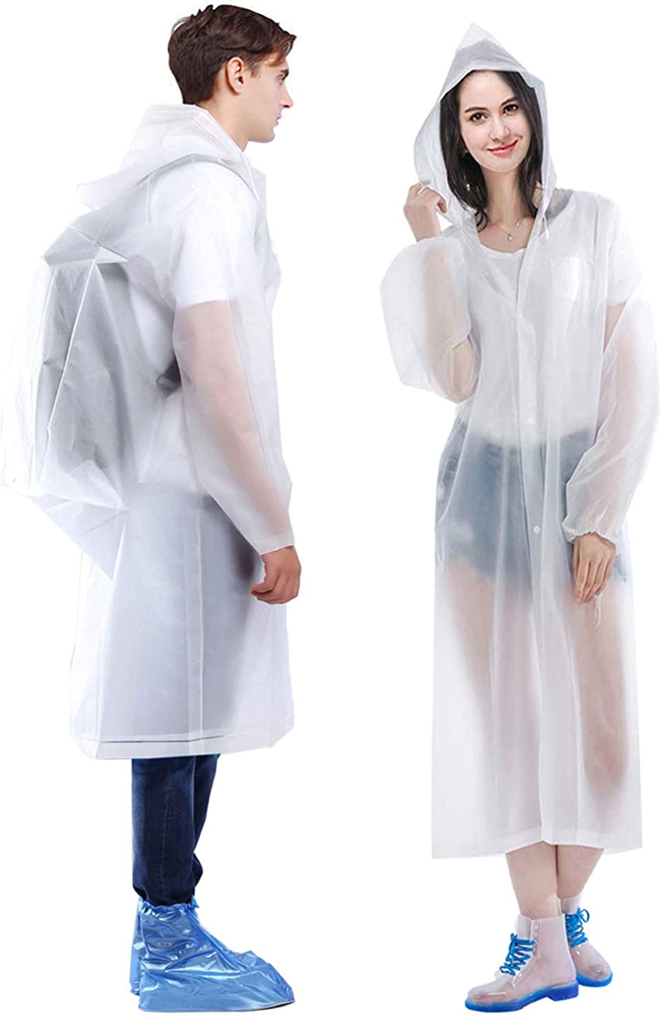 HLKZONE Raincoat, [2 Pack] Portable EVA Rain Coats Reusable Rain Poncho with Hood and Elastic Cuff Sleeves, White