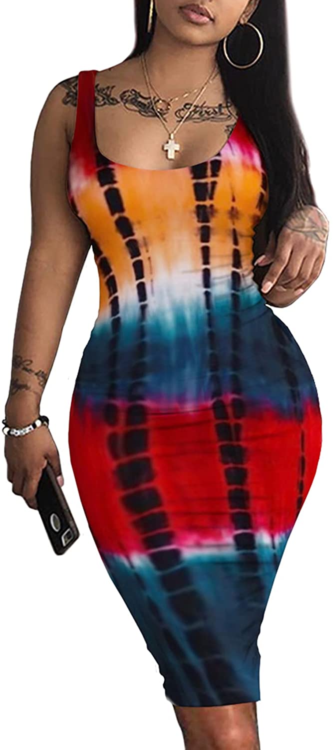 Sexy Summer Women's Casual Tie-dye Round Neck Sleeveless Club Beach Basic Bodycon Midi Tank Dress Sun Dresses