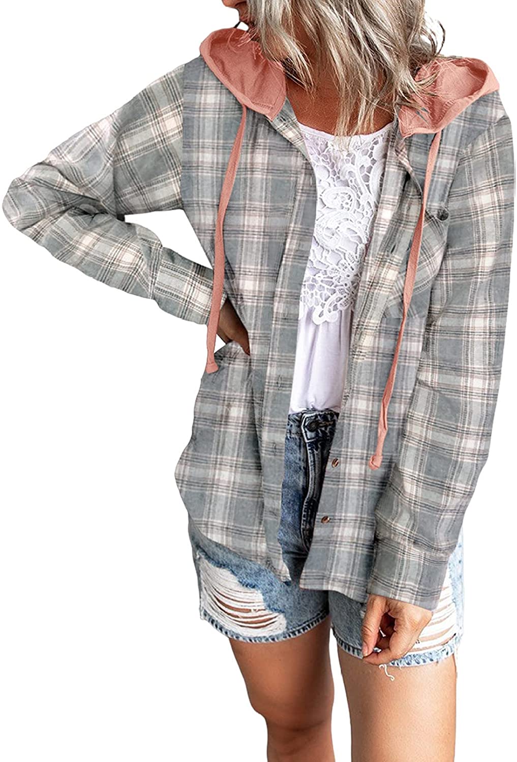 Happy Sailed Womens Classic-Fit Long-Sleeve Button Down Lightweight Plaid Long Flannel Shirt(S-XXL)