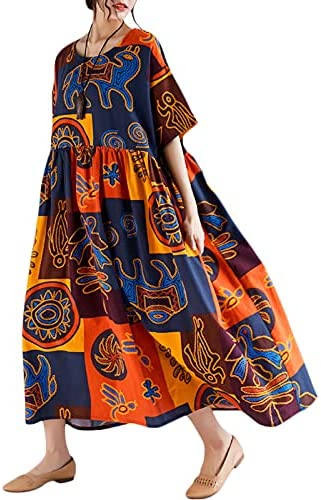 Women Loose Casual Cotton Linen Dress Floral Boho Maxi Dress Contrast House Robes Half Sleeves Plus Size