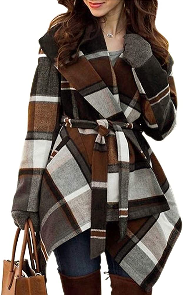 CHICWISH Women's Turn Down Shawl Collar Earth Tone Check/Black White Grid/Black/Plum Wool Blend Coat