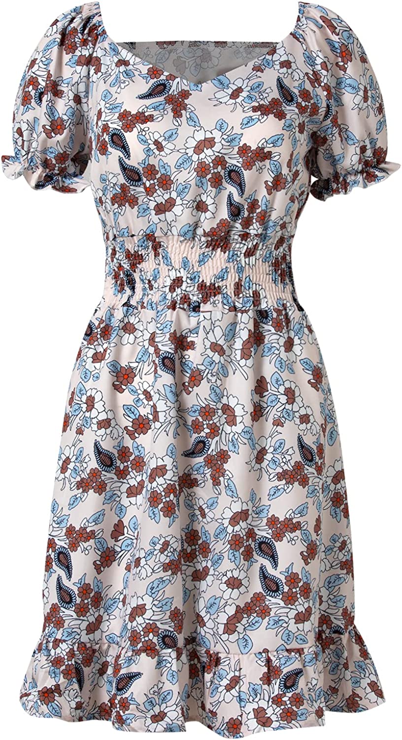Women's Floral V-Neck Short Sleeve Dress Ruffle Slim Waist Dress