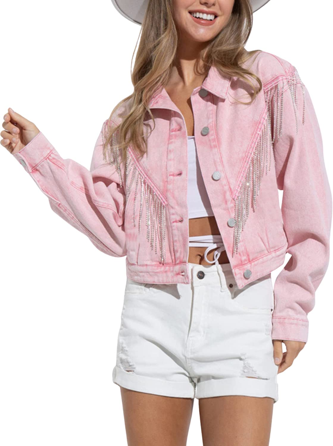 Joiemont Womens Denim Jacket with Fringe Rhinestones Long Sleeve Casual Tassel Jean Coat