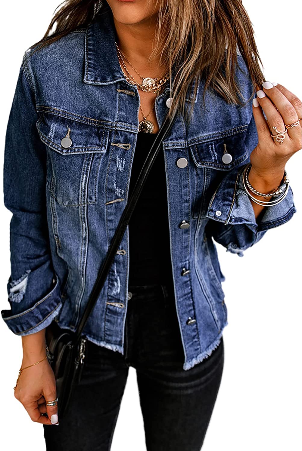 ROSKIKI Womens Boyfriend Washed Denim Jean Coat Jacket Outwear