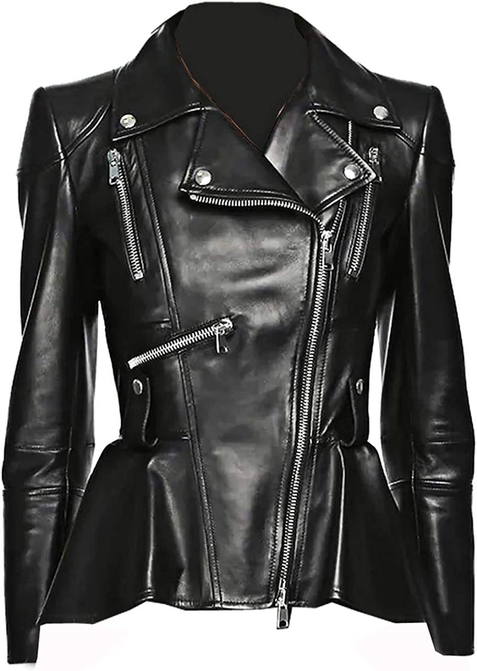 Takitop Medusa Black Peplum Fashionable Designer Genuine Leather Jacket Women Missy Plus Size