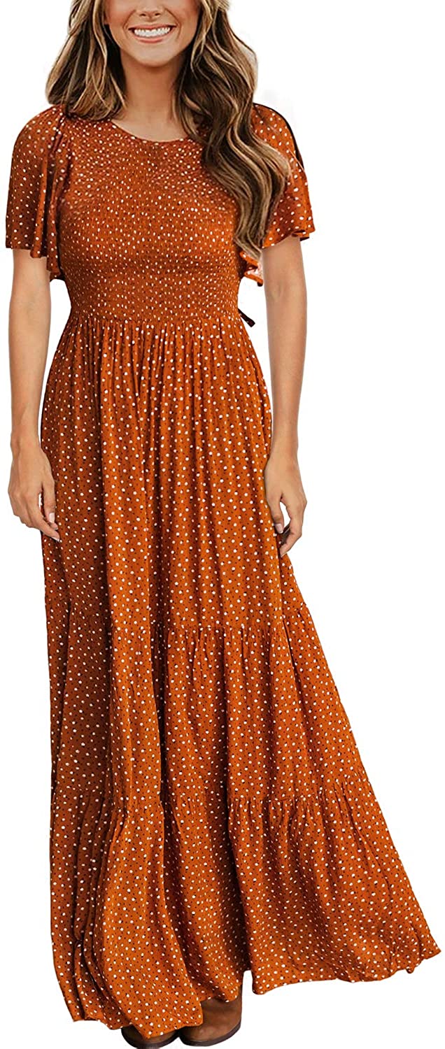 Women's Round Neck Short Flutter Sleeve Smocked Ruffle Floral Maxi Dress