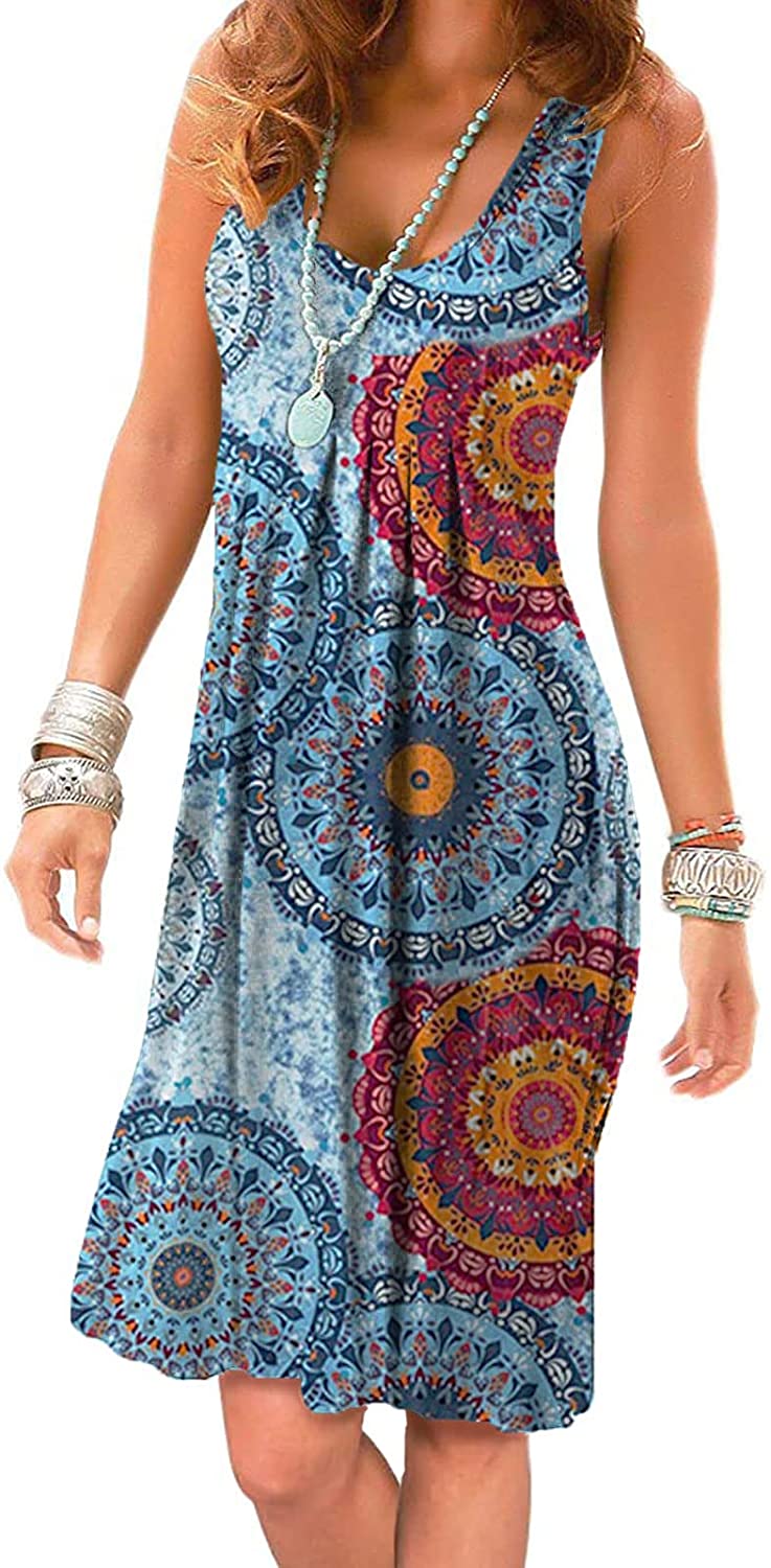 Women Summer Casual Sleeveless Midi Plain Pleated Tank Vest Dresses