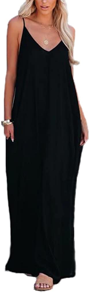 Womens Casual Strappy V Neck Sleeveless Flowy Pockets Loose Long Maxi Beach Dress Sundress