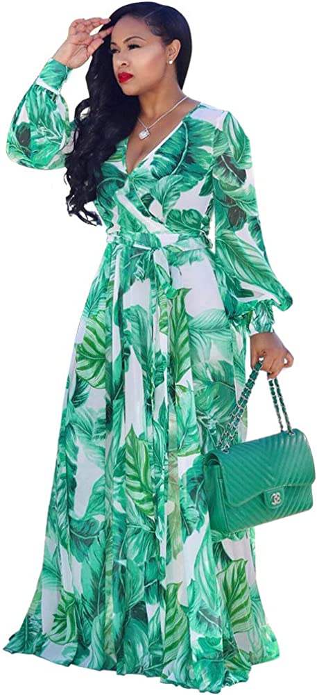 Womens Chiffon Deep V-Neck Stripe Printed Maxi Dress Unique Loose Summer Boho Dresses High Waiste(S-5XL)