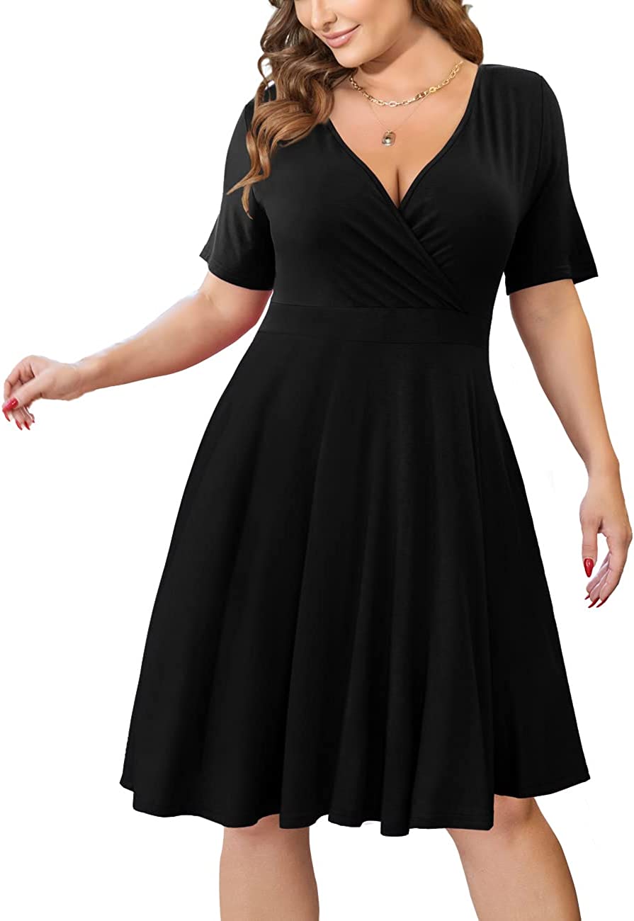 Womens Plus Size Dresses Short Sleeve Faux Wrap Causal Swing Dress with Pockets, L-4XL